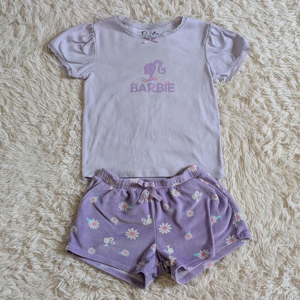 Barbie Girls Size 5T Lavender Lace Puff Sleeve Shirt Floral Fleece Shorts Set
